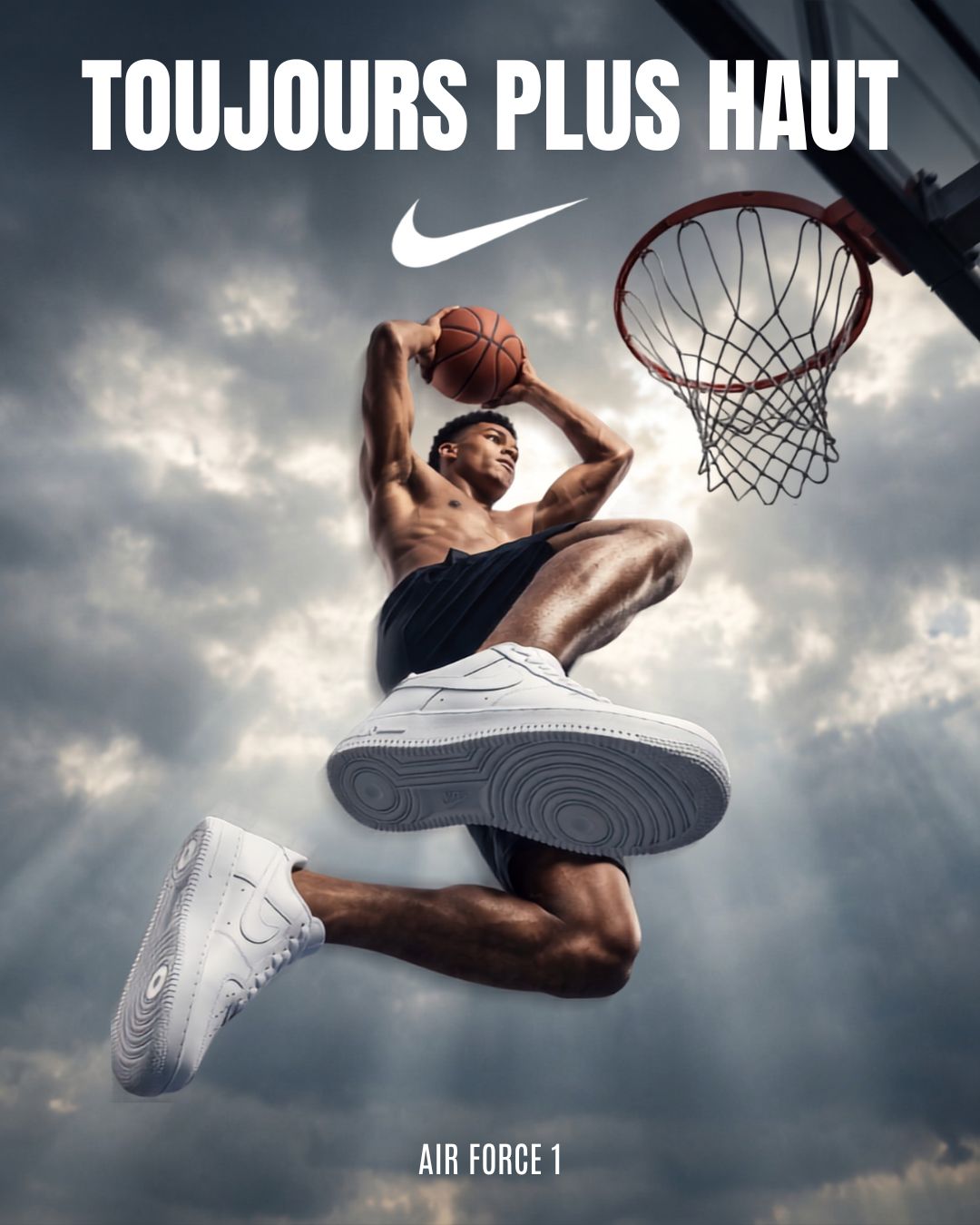 Air Force One — dunk spectaculaire en contre-plongée, ciel nuageux dramatique — visuel marketing par Kévin Vigreux