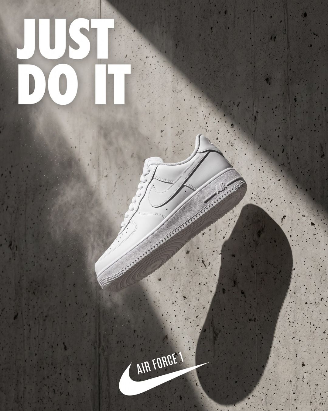 Air Force One — sneaker en lévitation sur fond béton brut — visuel marketing par Kévin Vigreux