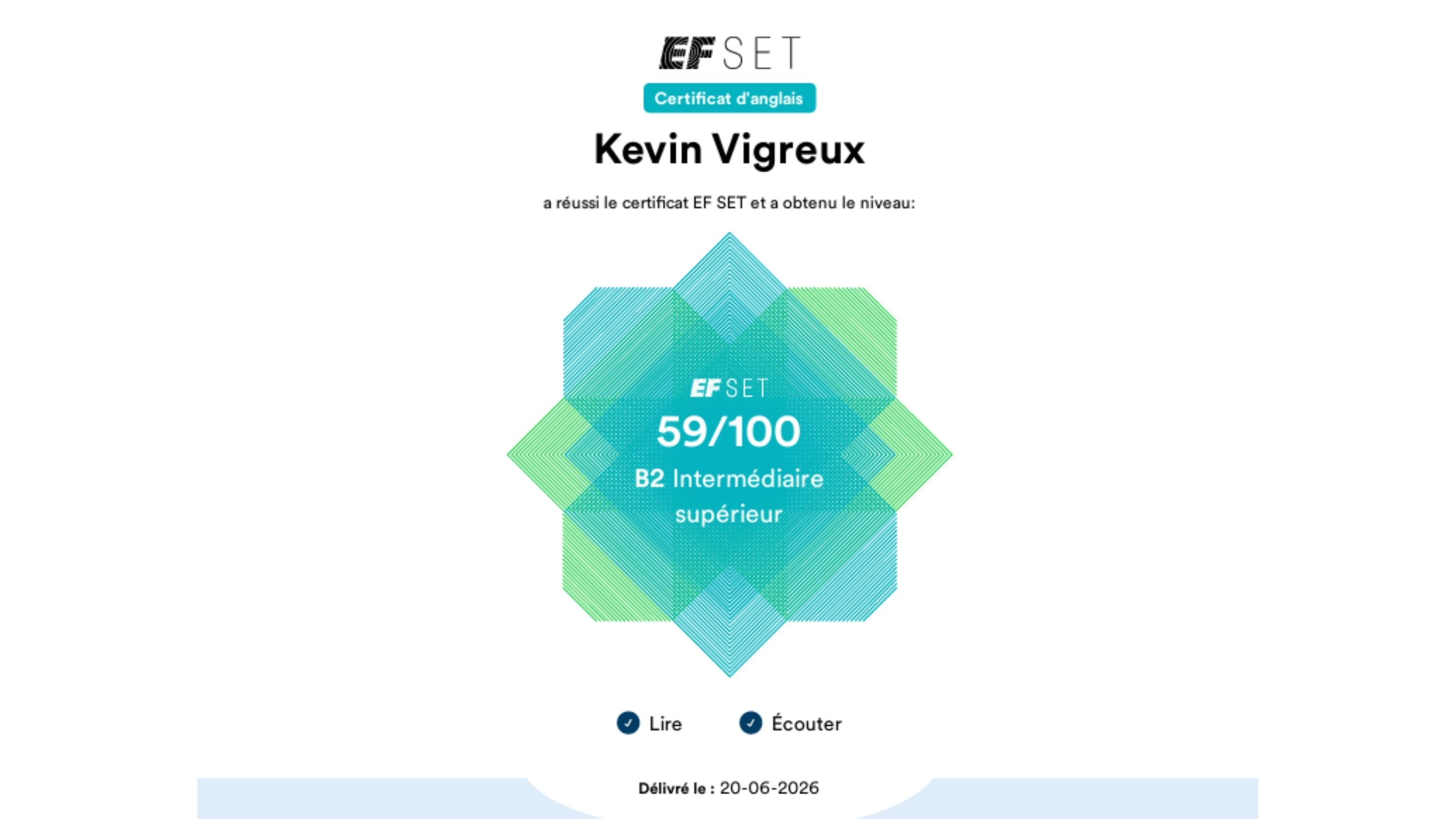 Certificat EF SET — Anglais, obtenu par Kévin Vigreux