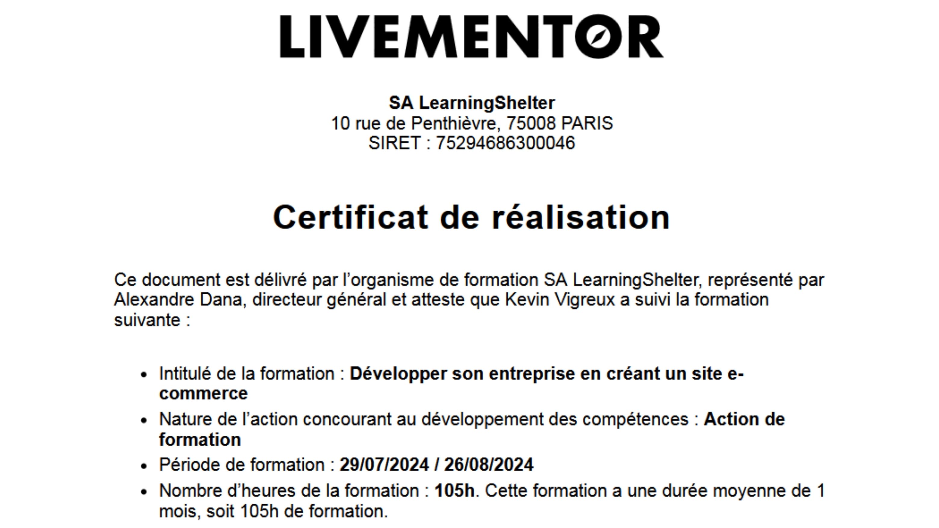 Certificat Livementor — E-commerce, obtenu par Kévin Vigreux
