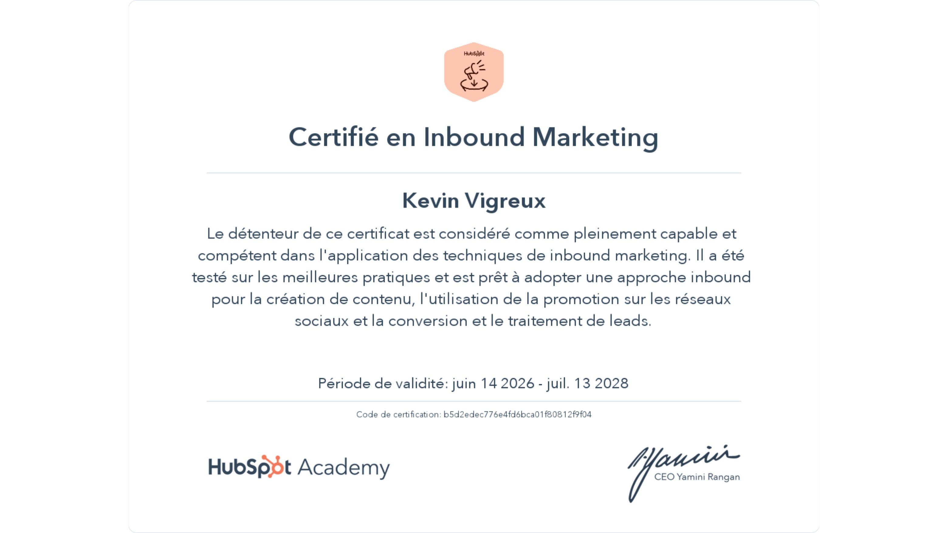 Certificat HubSpot Academy — Inbound Marketing, obtenu par Kévin Vigreux