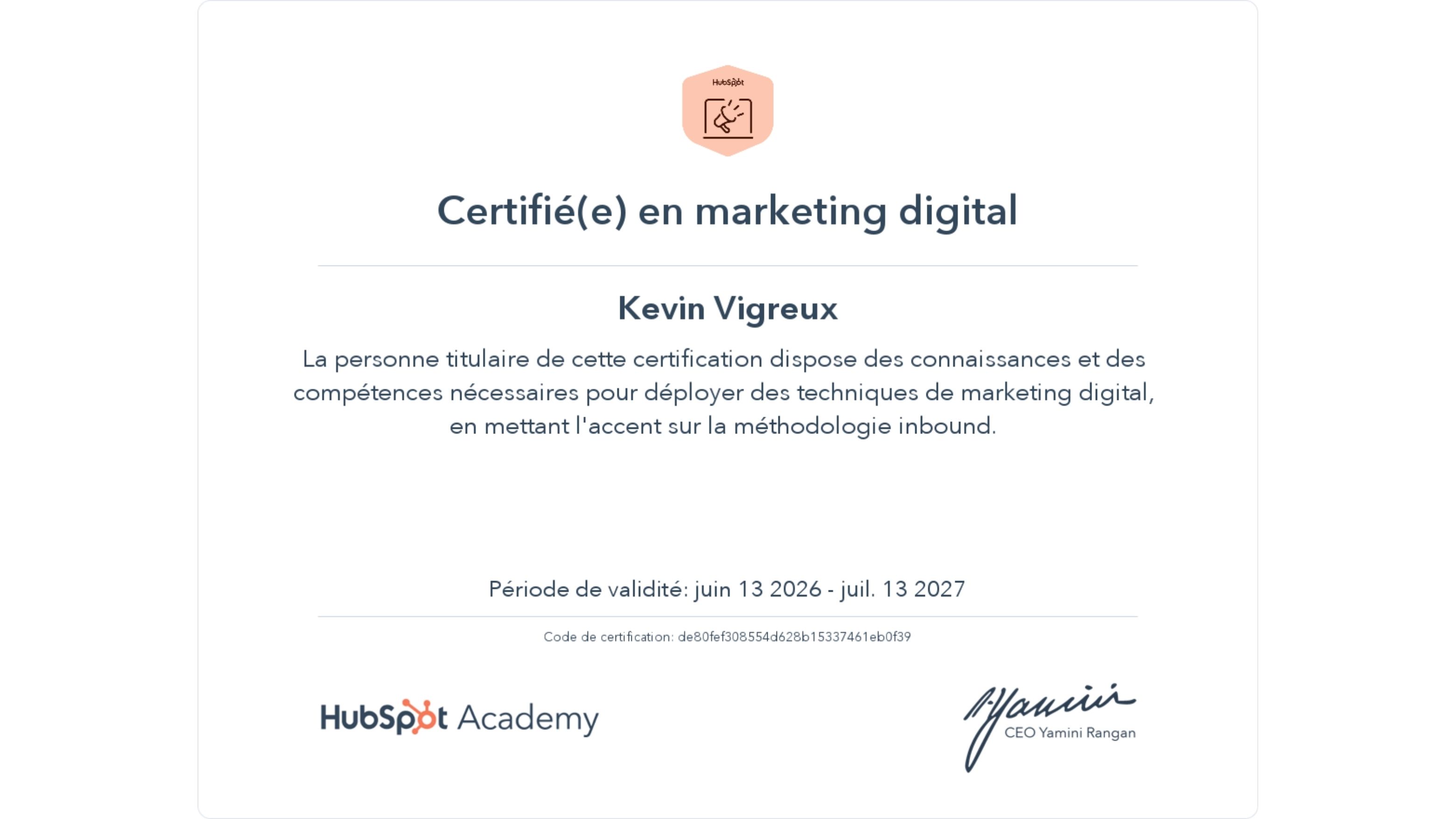 Certificat HubSpot Academy — Marketing Digital, obtenu par Kévin Vigreux