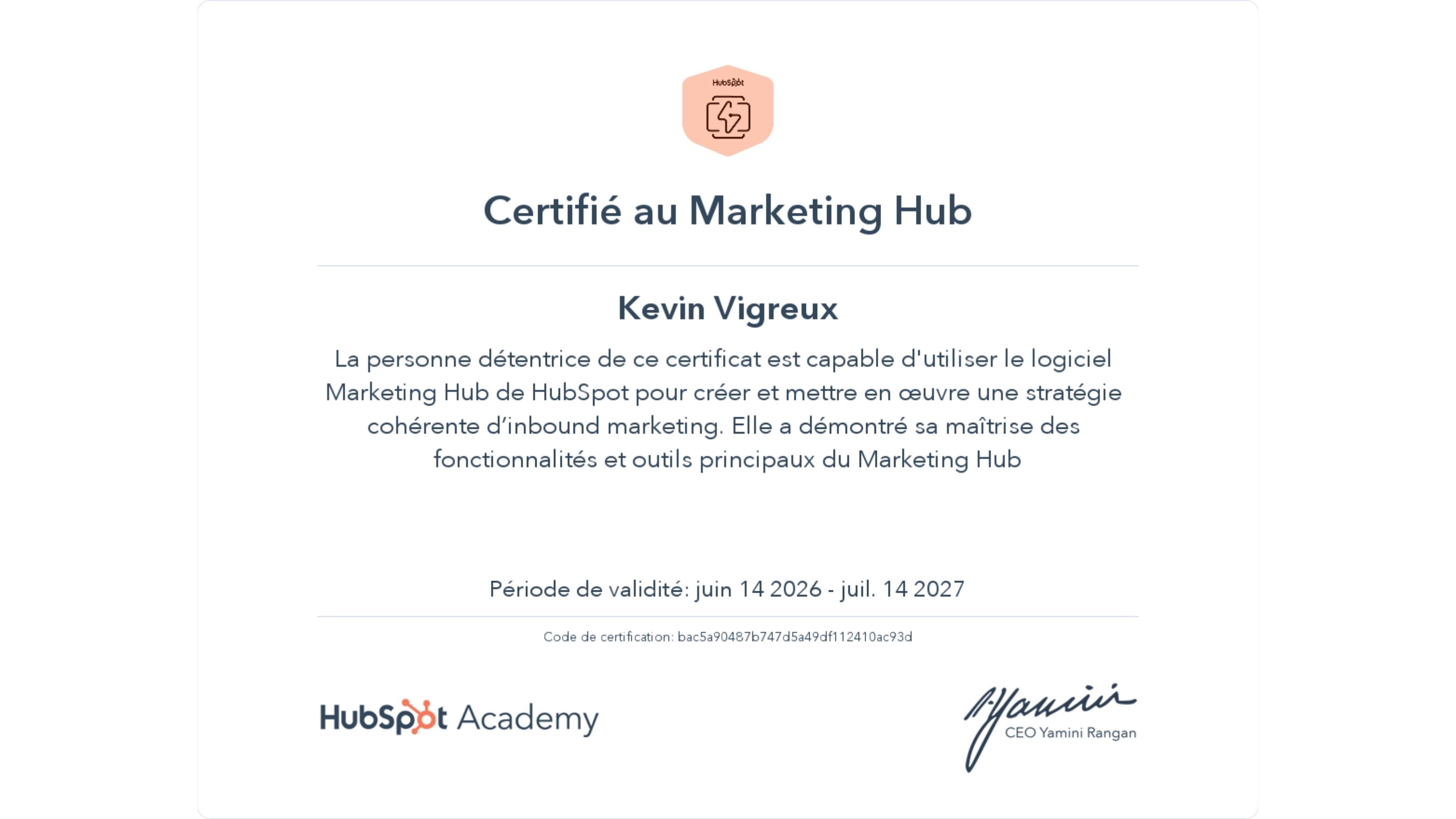 Certificat HubSpot Academy — Hub Marketing, obtenu par Kévin Vigreux