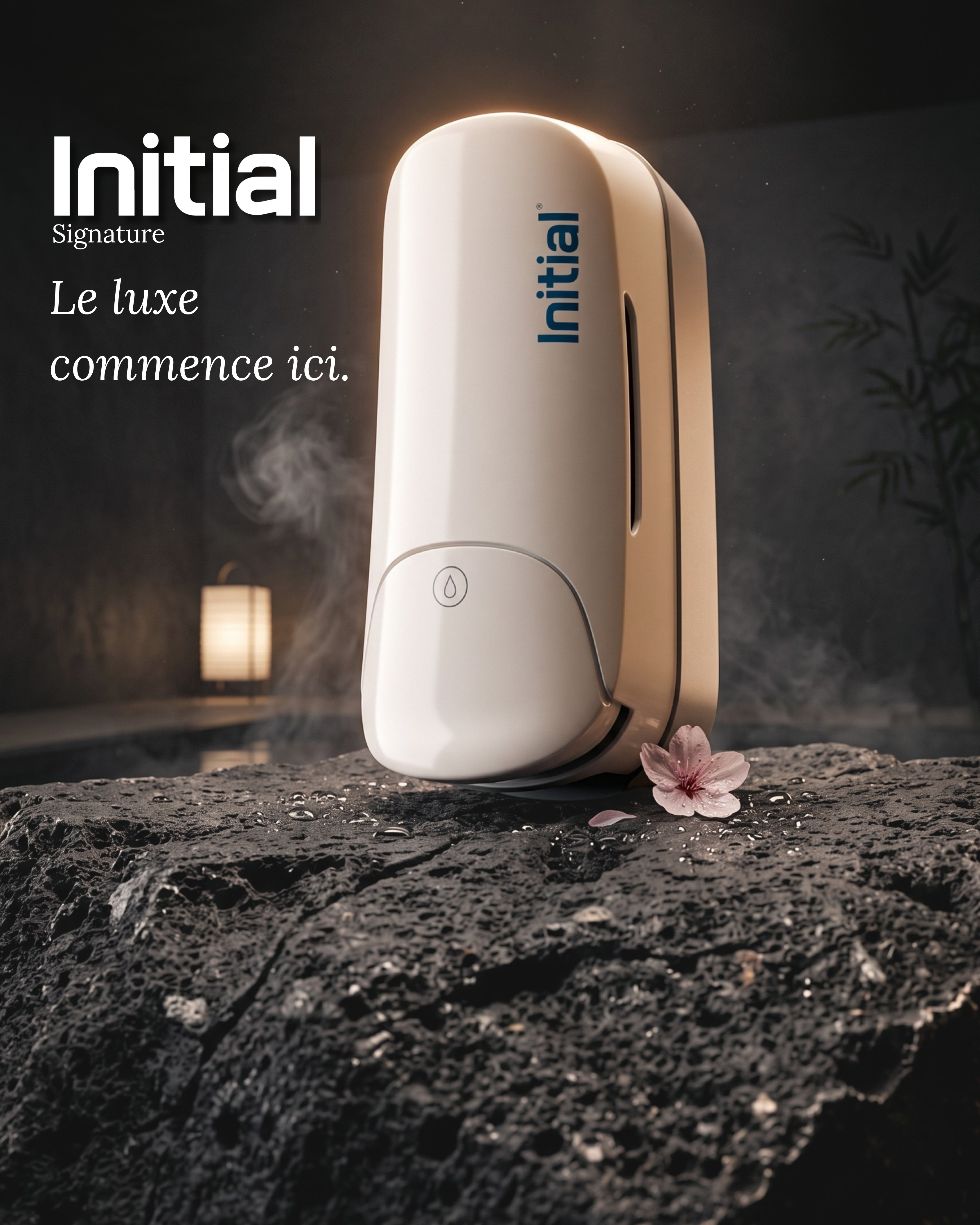 Hygiène — le distributeur sur la roche, ambiance spa zen — visuel marketing par Kévin Vigreux