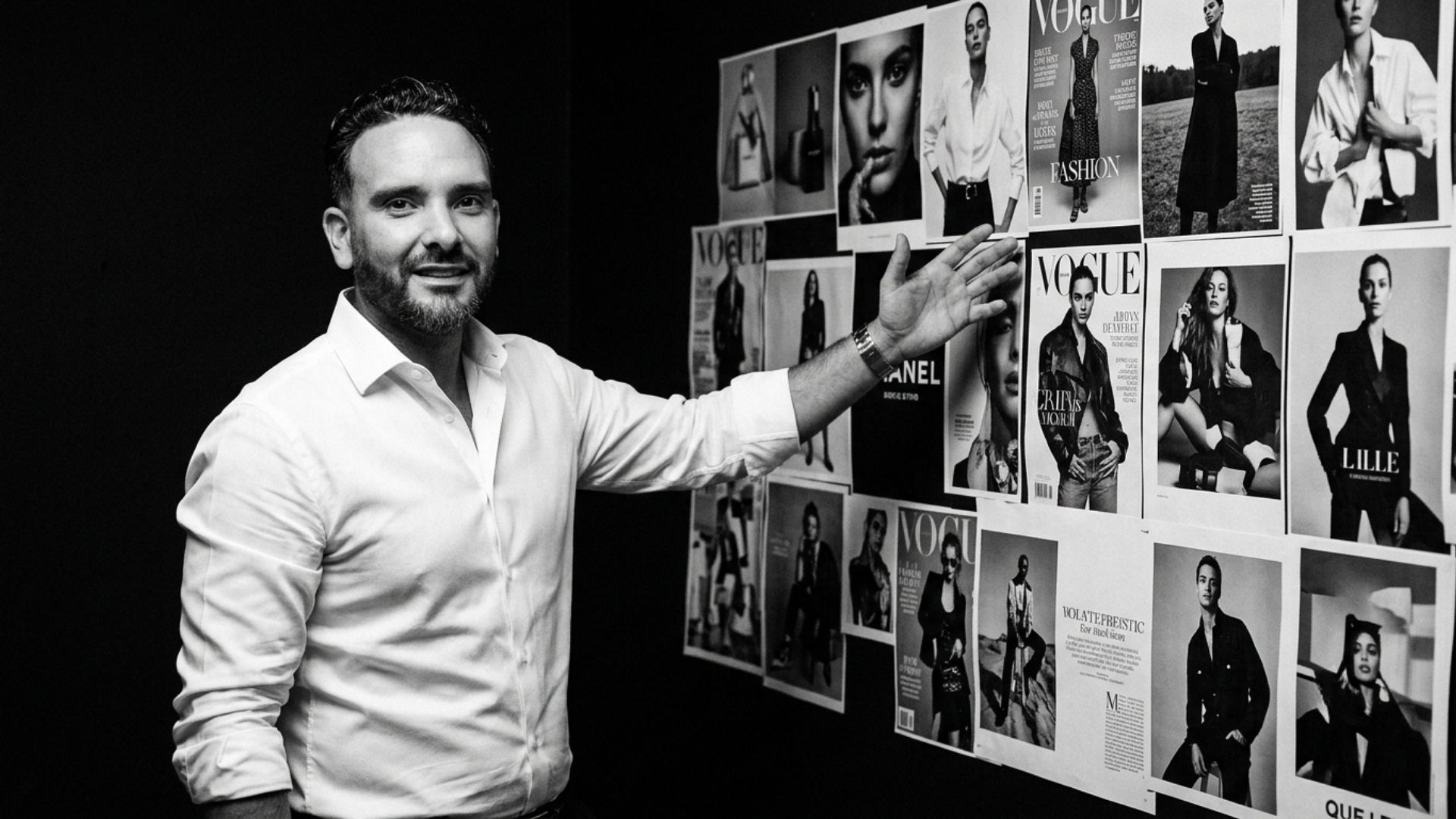 Kévin Vigreux présentant un mur de couvertures mode, création de contenu