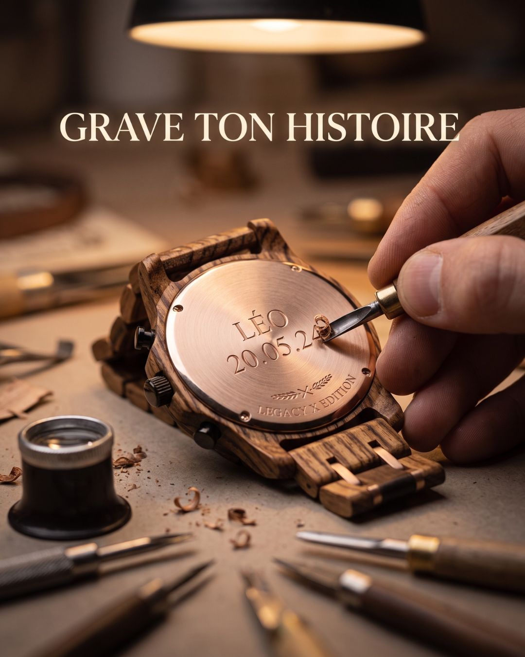 Montre en Bois — gravure artisanale au dos de la montre — visuel marketing par Kévin Vigreux