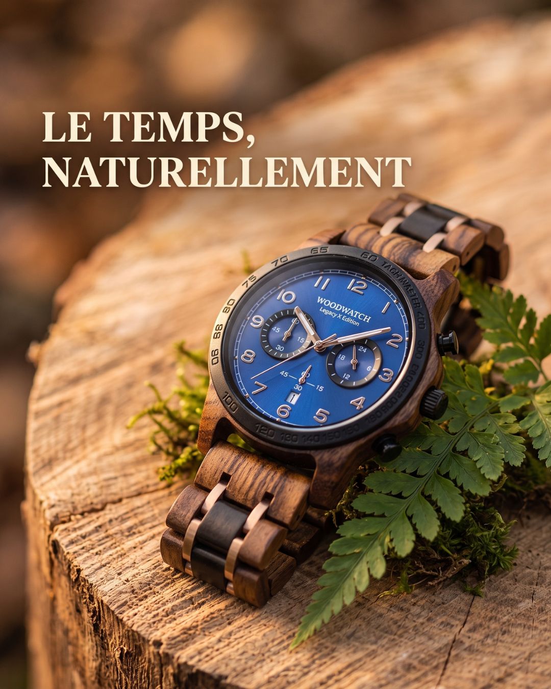 Montre en Bois — packshot sur souche de bois, fougère verte — visuel marketing par Kévin Vigreux