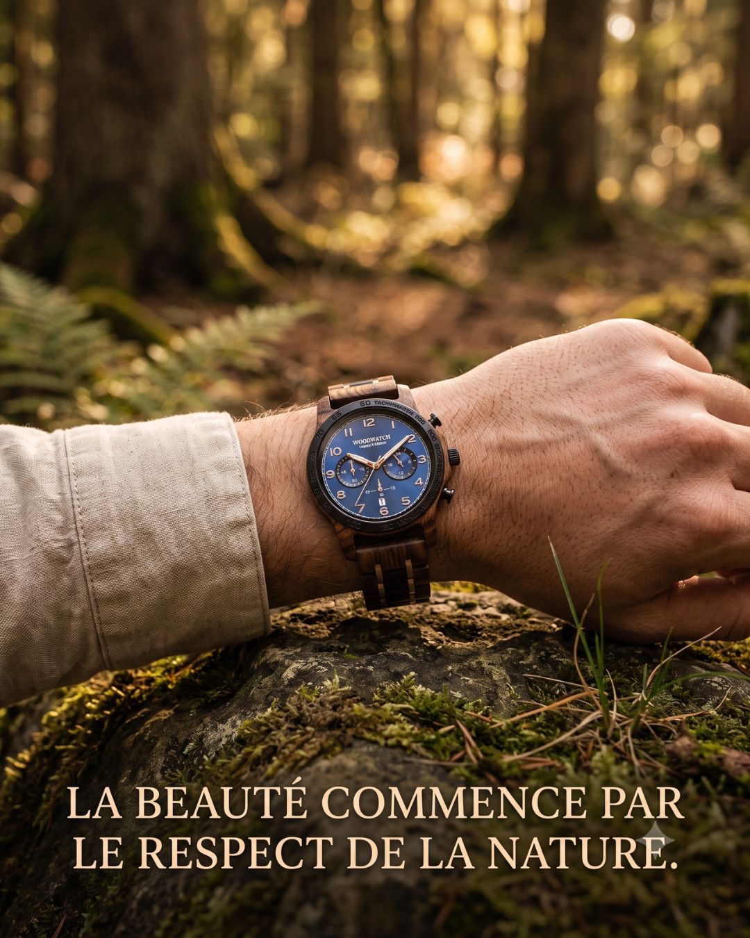 Montre en Bois — portée au poignet, main posée en forêt — visuel marketing par Kévin Vigreux