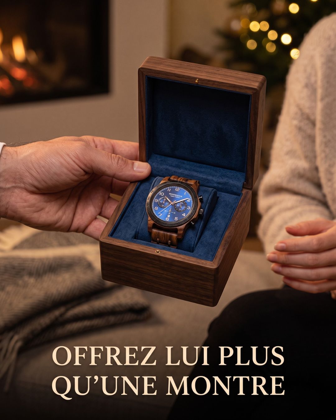 Montre en Bois — offerte en écrin, moment de Noël partagé — visuel marketing par Kévin Vigreux