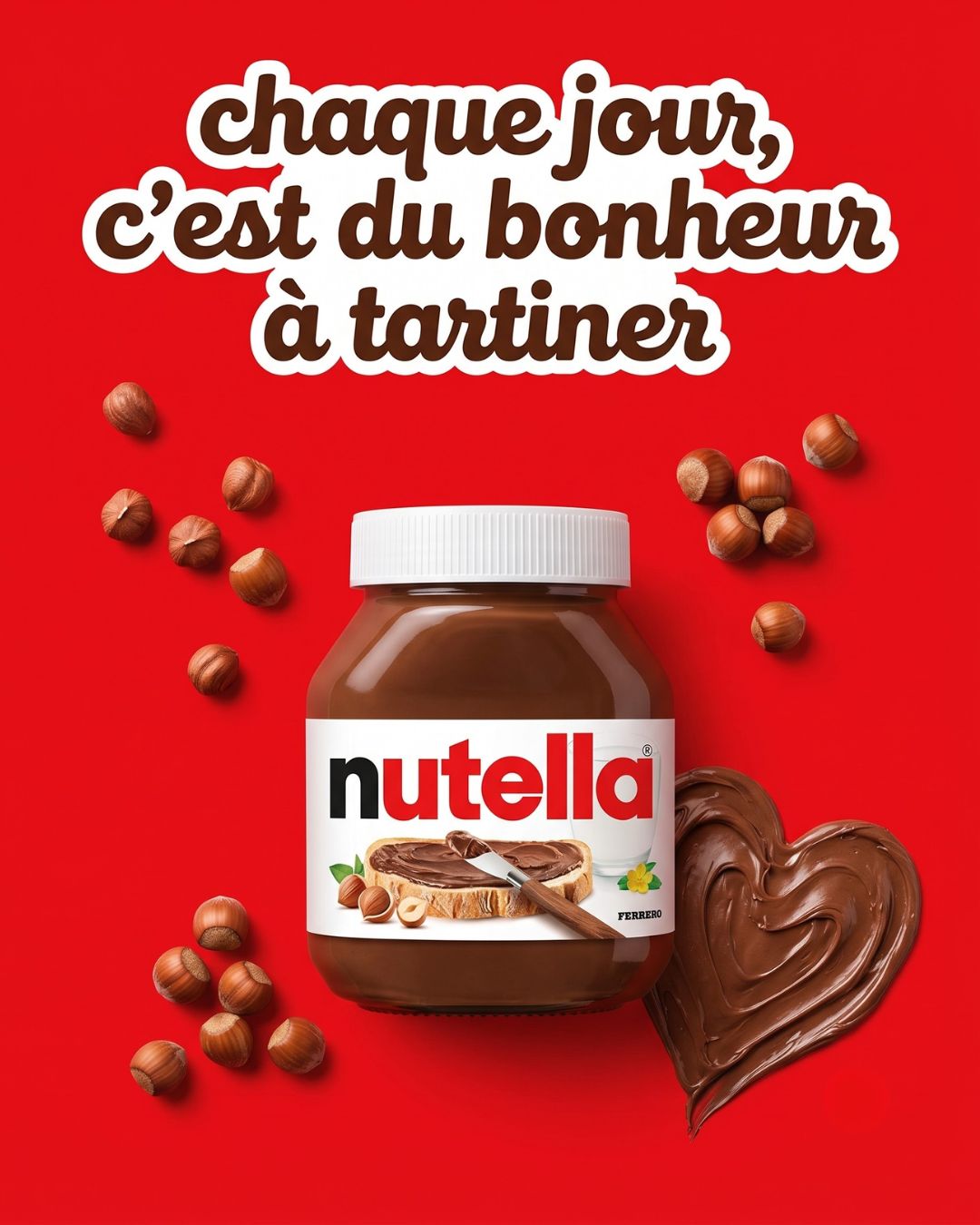 Nutella — packshot sur rouge, cœur gourmand et noisettes — visuel marketing par Kévin Vigreux