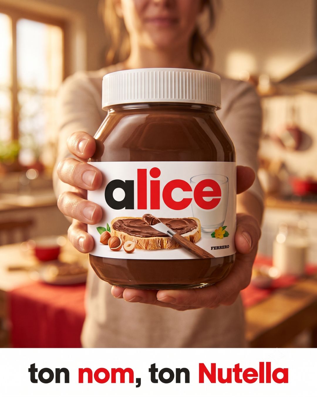 Nutella — pot personnalisé au prénom, tendu vers l'objectif — visuel marketing par Kévin Vigreux