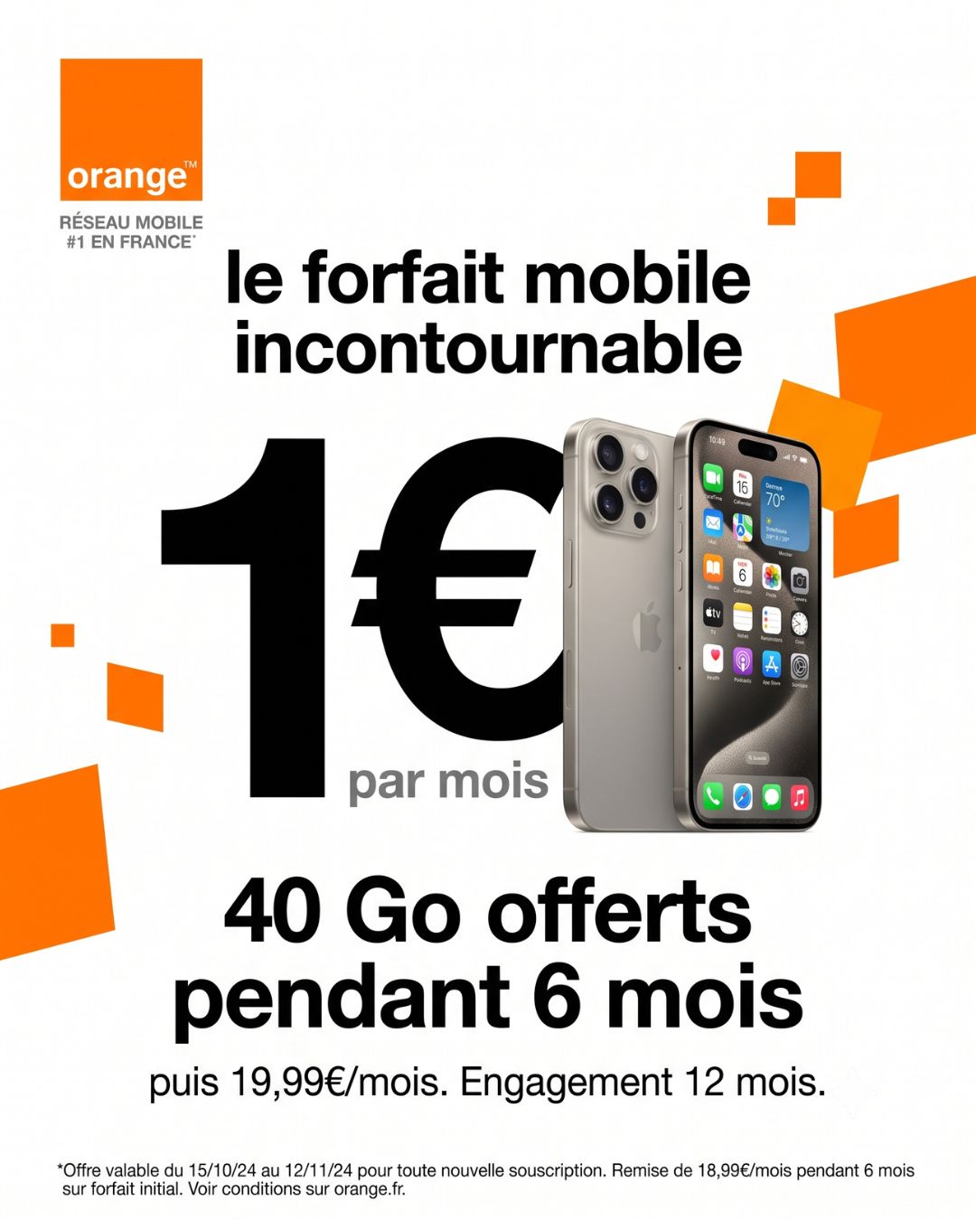 Orange (Forfait) — affiche épurée blanche, forfait mobile à 1€ — visuel marketing par Kévin Vigreux