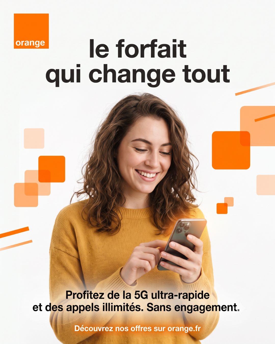 Orange (Forfait) — souriante en pull jaune, smartphone à la main — visuel marketing par Kévin Vigreux