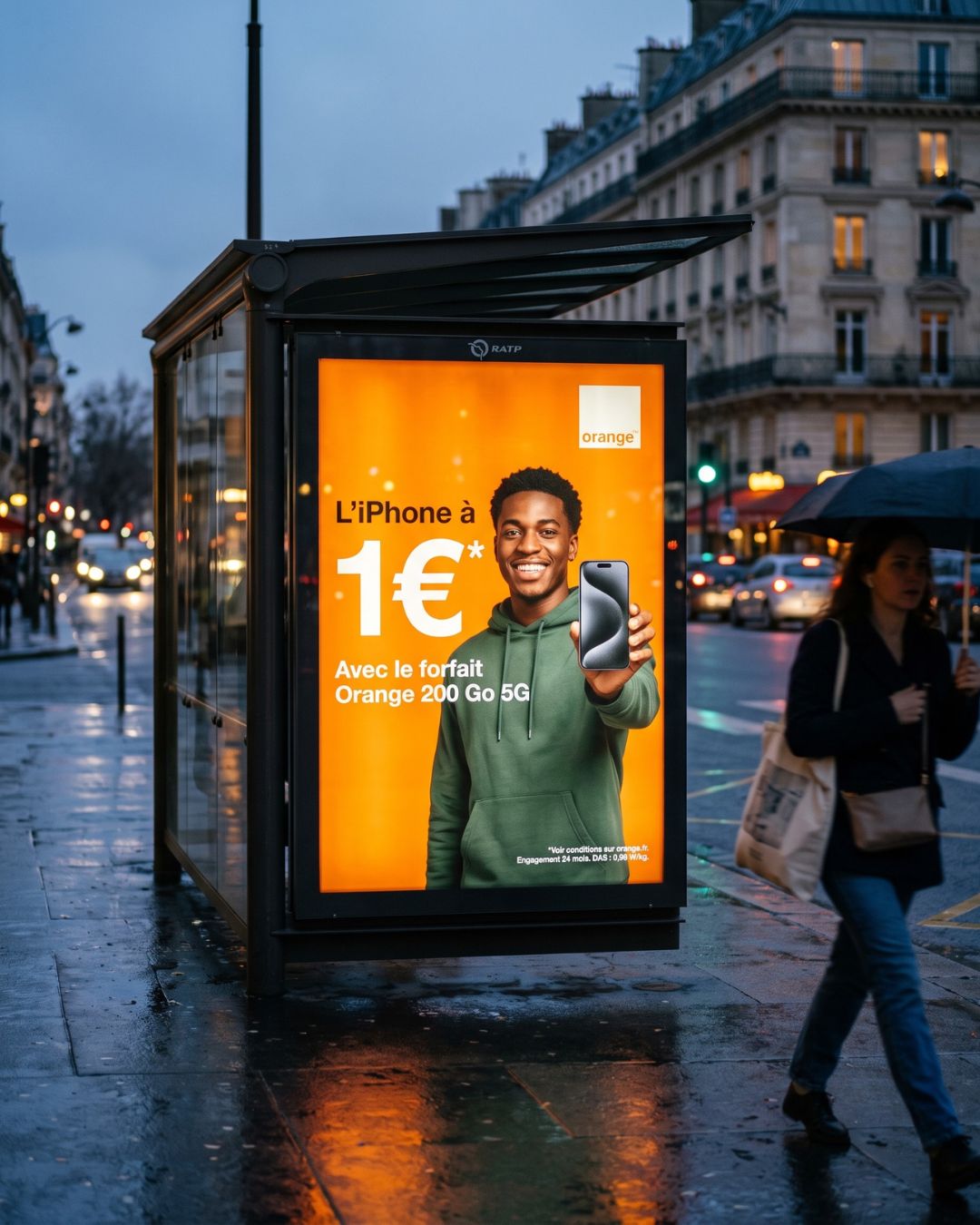 Orange (Forfait) — affichage lumineux dans un abribus parisien pluvieux — visuel marketing par Kévin Vigreux