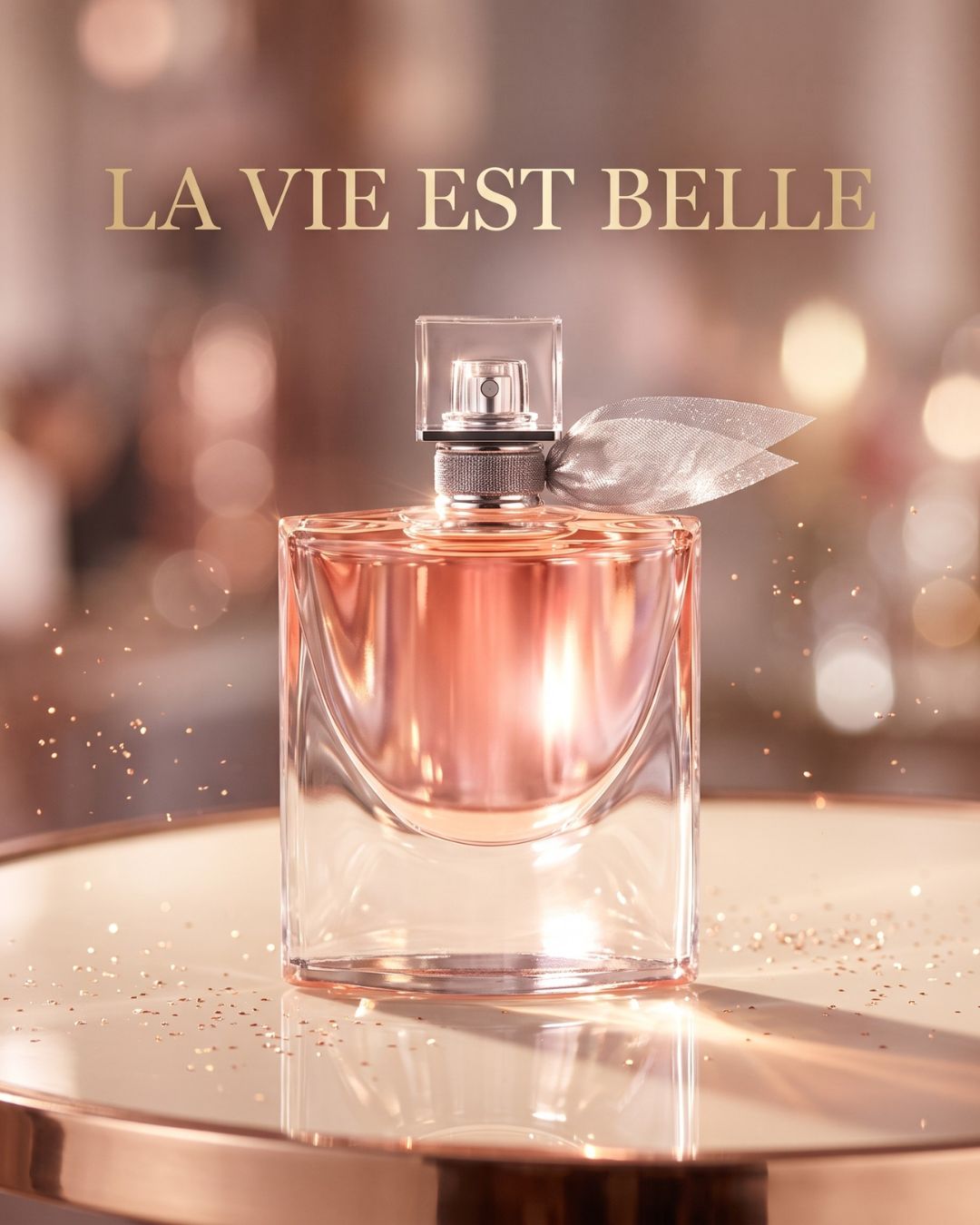Parfum — packshot du flacon, reflets dorés et paillettes — visuel marketing par Kévin Vigreux