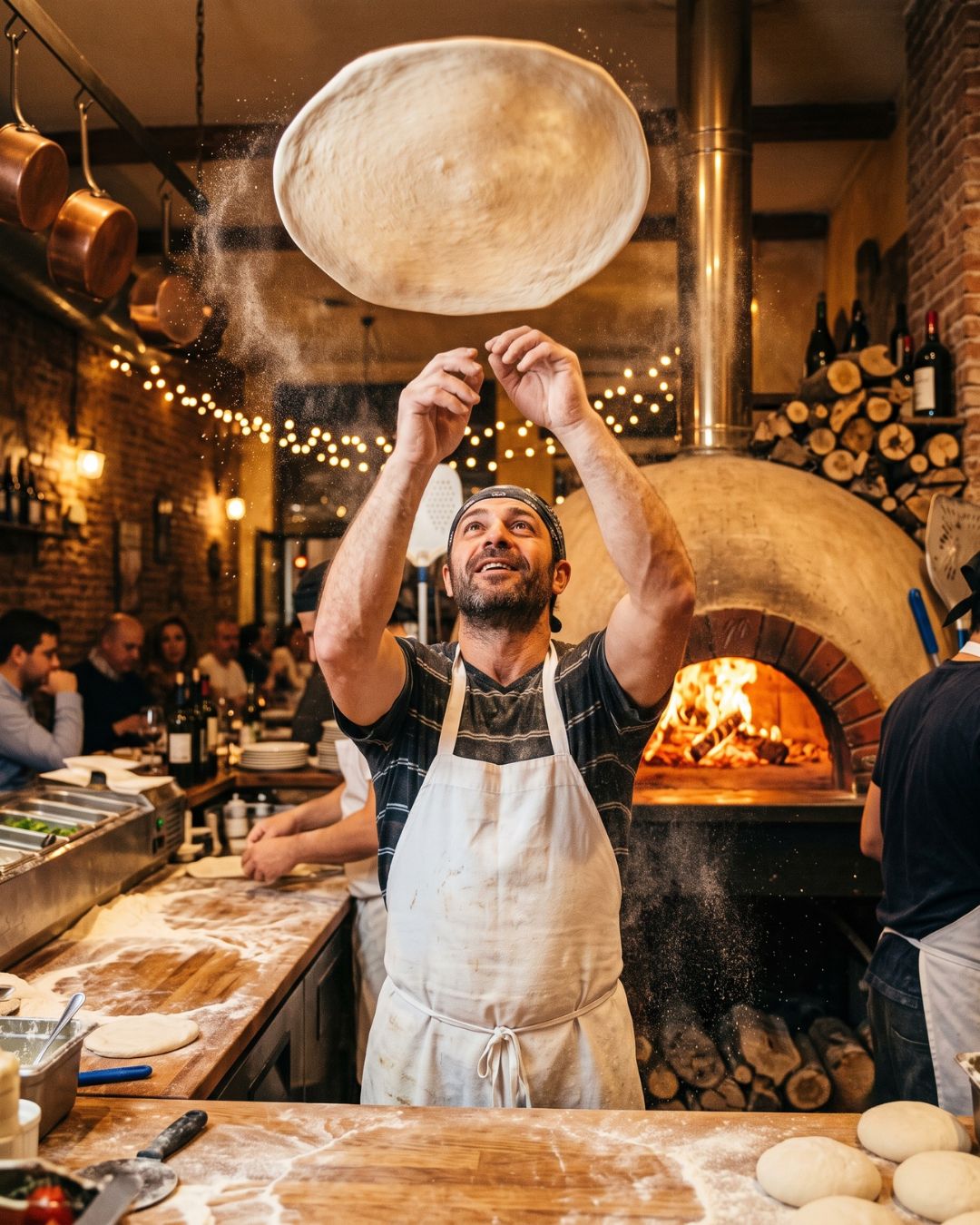 Restaurant — pizzaïolo faisant virevolter la pâte, four à bois — visuel marketing par Kévin Vigreux