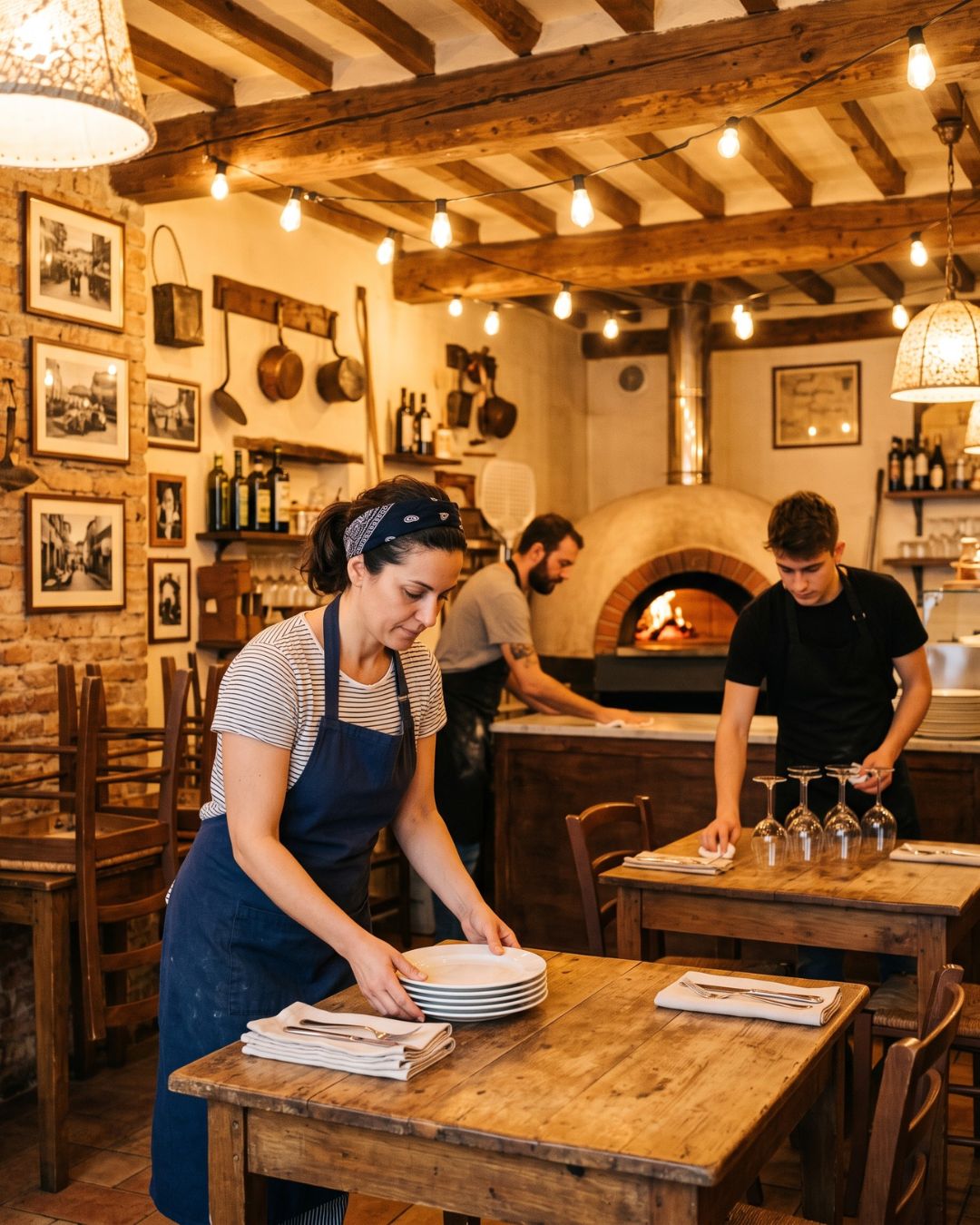 Restaurant — l'équipe dresse les tables avant le service — visuel marketing par Kévin Vigreux