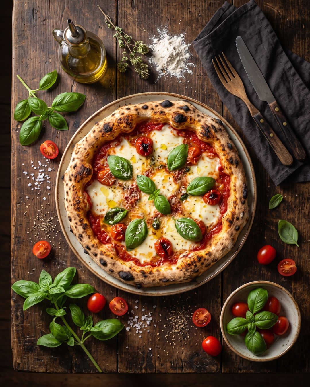 Restaurant — vue de dessus, pizza basilic, table rustique — visuel marketing par Kévin Vigreux