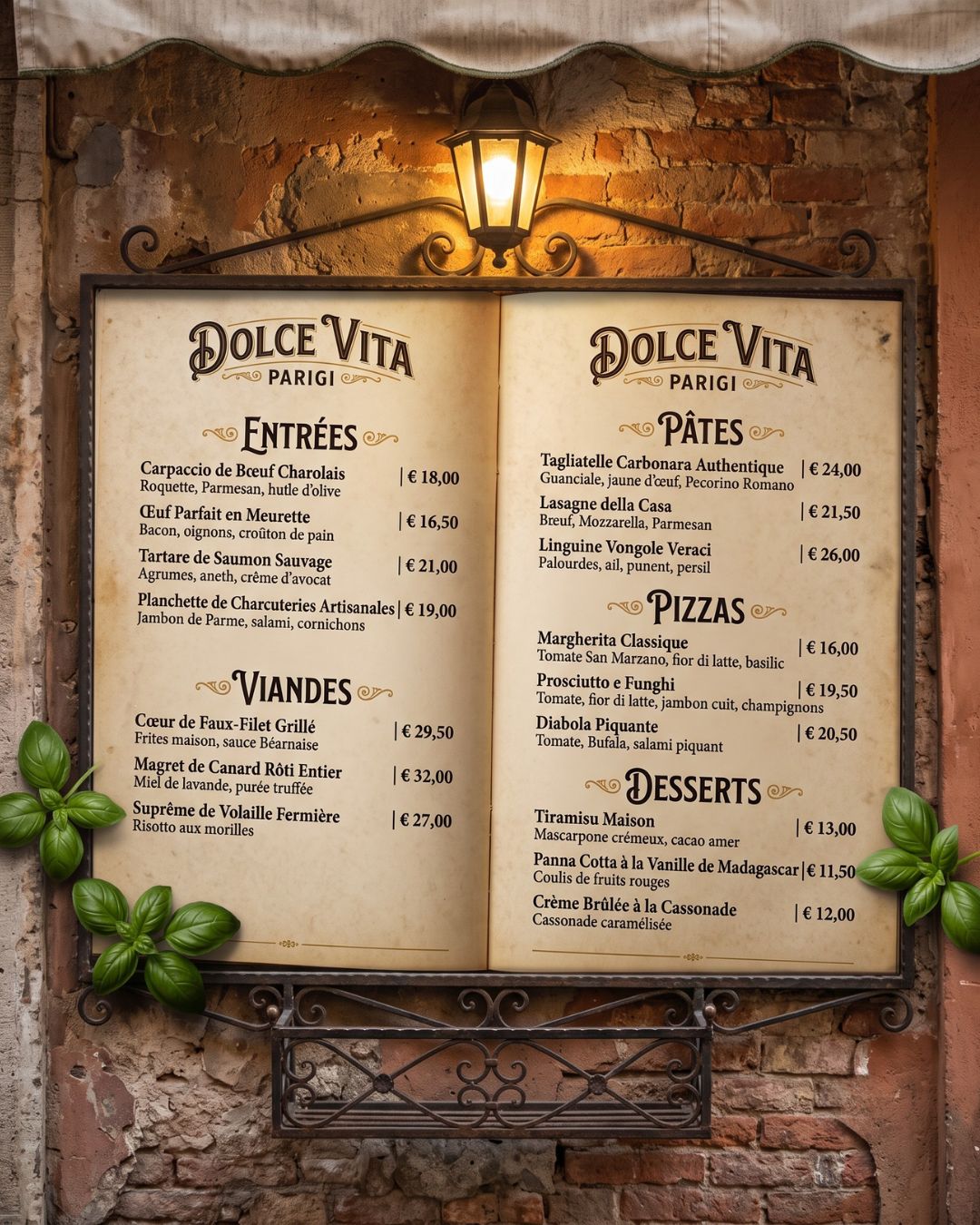 Restaurant — la carte affichée en devanture, façade éclairée — visuel marketing par Kévin Vigreux