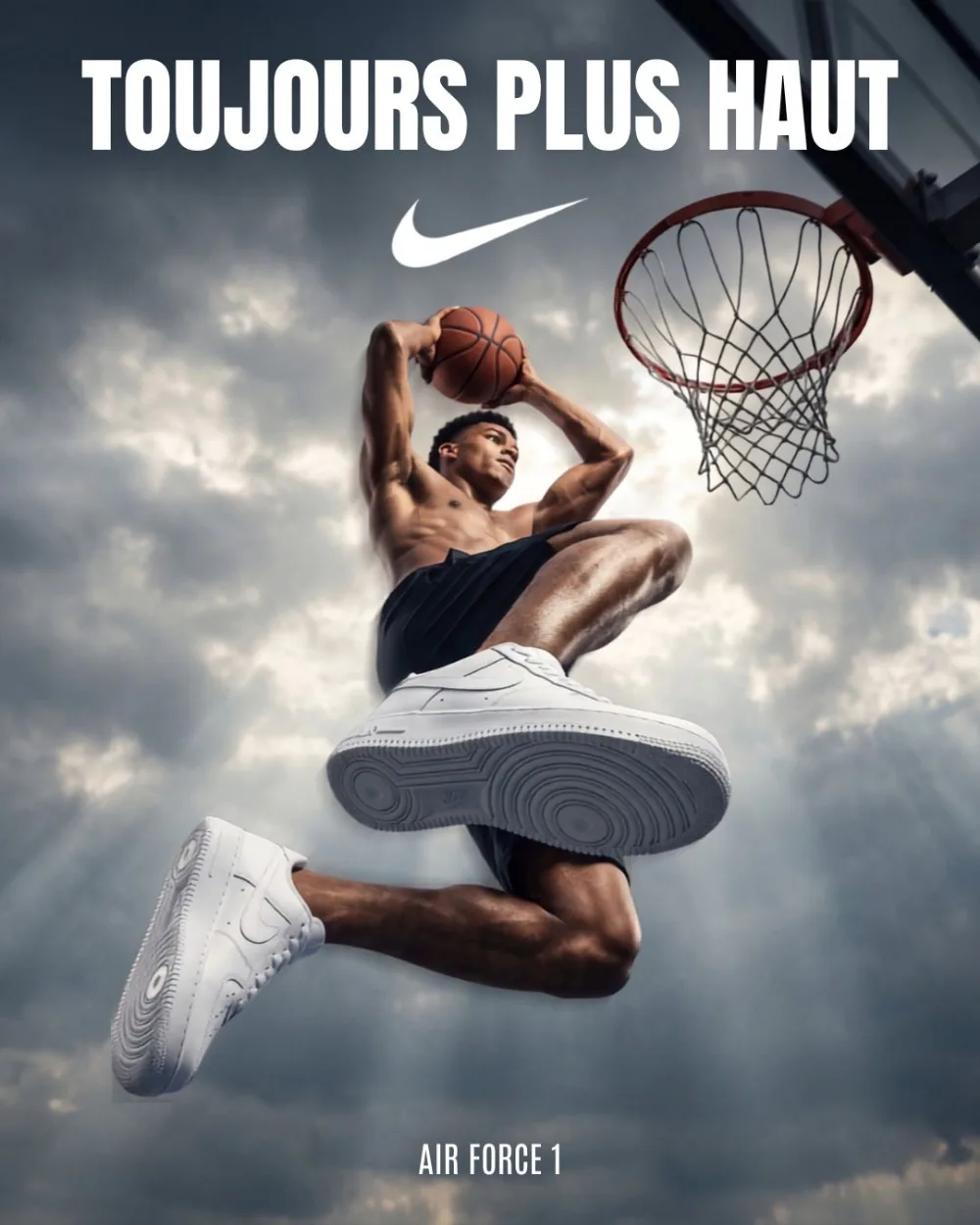 Sneaker Nike Air Force 1, campagne créée par Kévin Vigreux — dunk spectaculaire en contre-plongée, ciel nuageux dramatique