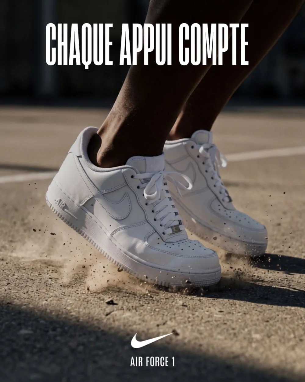 Sneaker Nike Air Force 1, campagne créée par Kévin Vigreux — gros plan sur les foulées, poussière soulevée