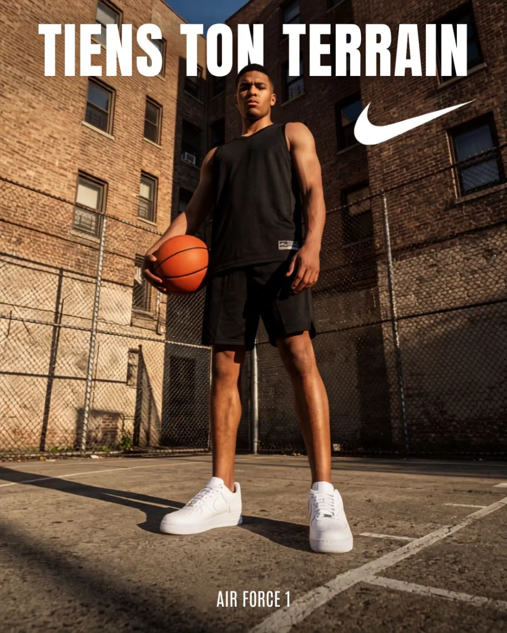 Sneaker Nike Air Force 1, campagne créée par Kévin Vigreux — portrait imposant, ballon en main, terrain new-yorkais