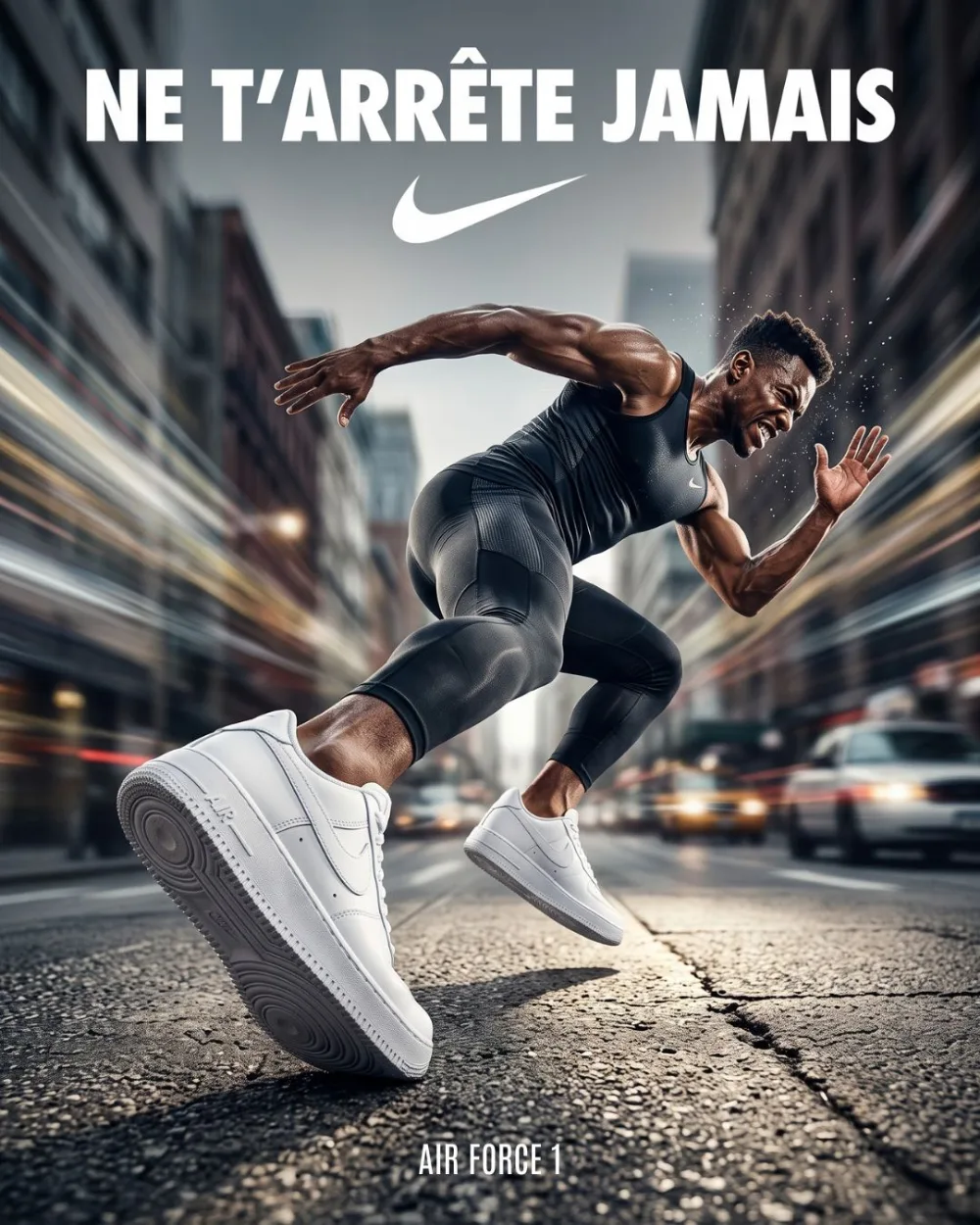 Sneaker Nike Air Force 1, campagne créée par Kévin Vigreux — sprint effréné dans une avenue urbaine floutée
