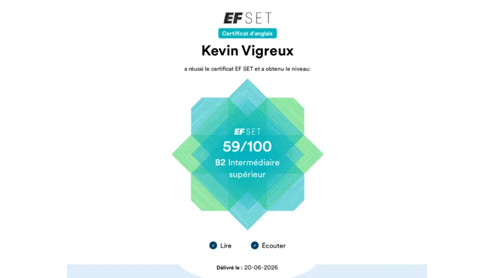 Certificat EF SET — Anglais, obtenu par Kévin Vigreux