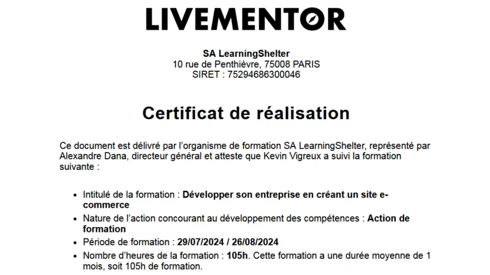Certificat Livementor — E-commerce, obtenu par Kévin Vigreux