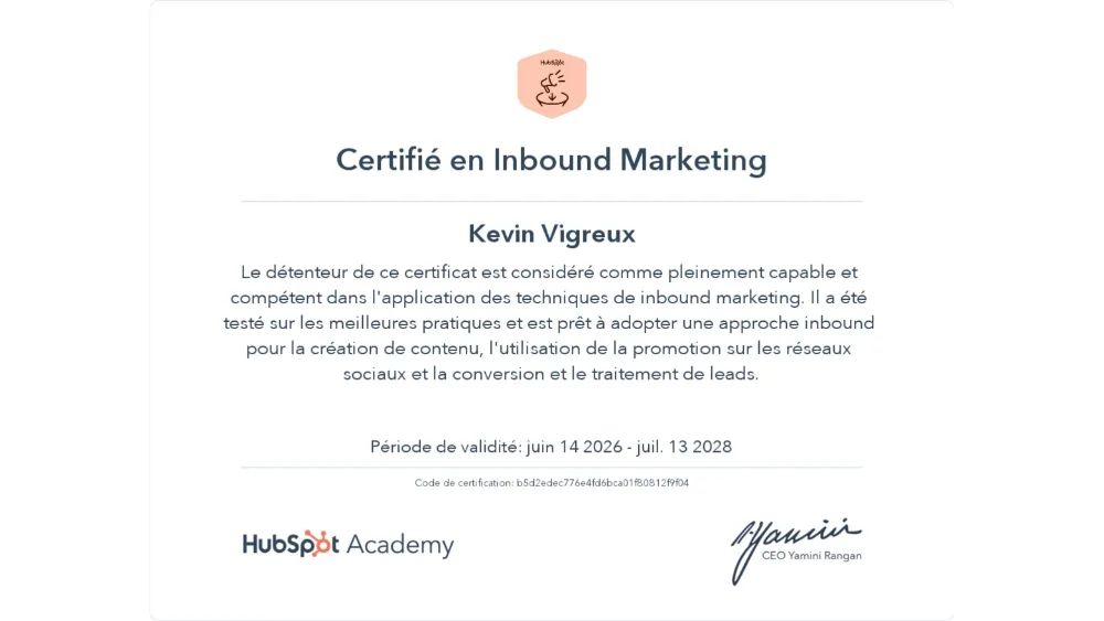 Certificat HubSpot Academy — Inbound Marketing, obtenu par Kévin Vigreux