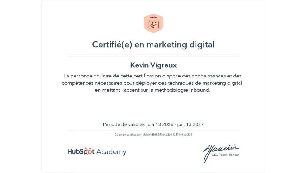 Certificat HubSpot Academy — Marketing Digital, obtenu par Kévin Vigreux