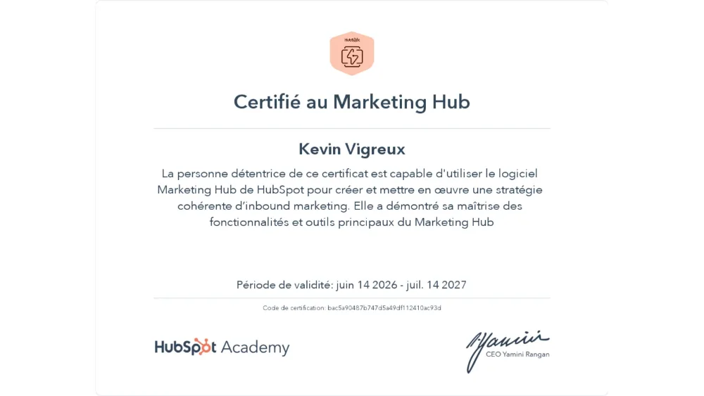 Certificat HubSpot Academy — Hub Marketing, obtenu par Kévin Vigreux