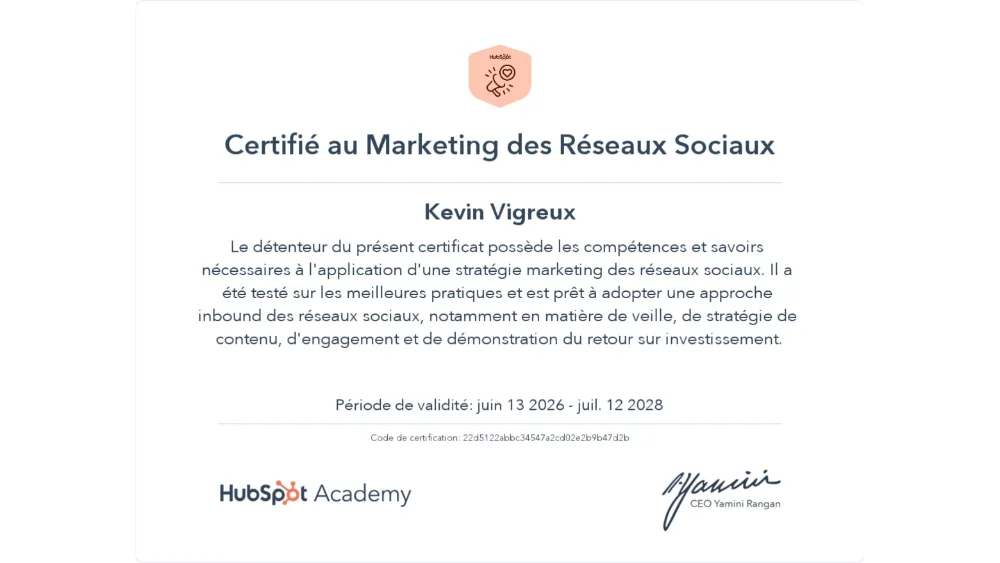 Certificat HubSpot Academy — Marketing des Réseaux sociaux, obtenu par Kévin Vigreux