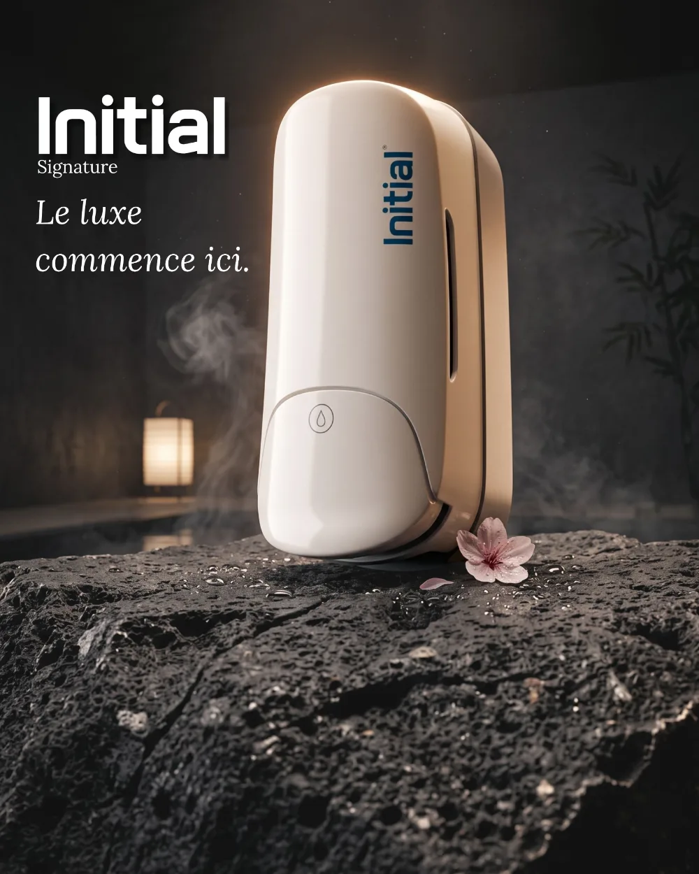 Distributeur d'hygiène de luxe Initial Signature, campagne créée par Kévin Vigreux — le distributeur sur la roche, ambiance spa zen
