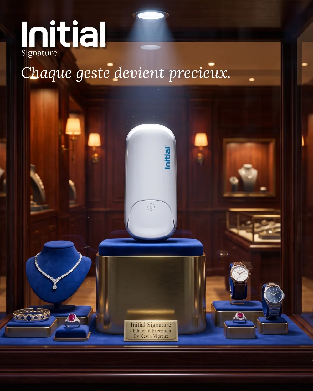 Distributeur d'hygiène de luxe Initial Signature, campagne créée par Kévin Vigreux — le distributeur exposé en vitrine de joaillerie