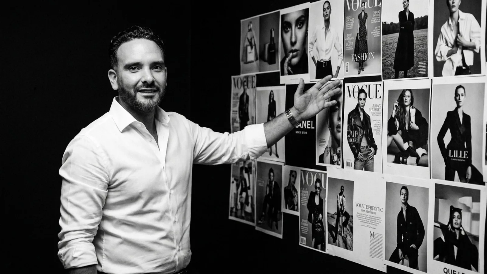 Kévin Vigreux présentant un mur de couvertures mode, création de contenu