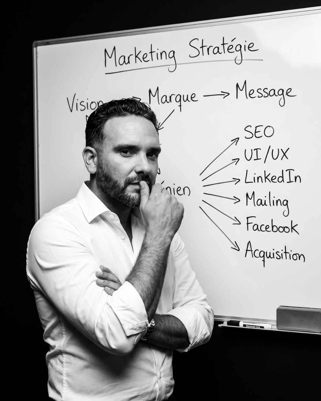 Kévin Vigreux devant un tableau blanc, stratégie marketing : vision, marque, message et canaux d'acquisition