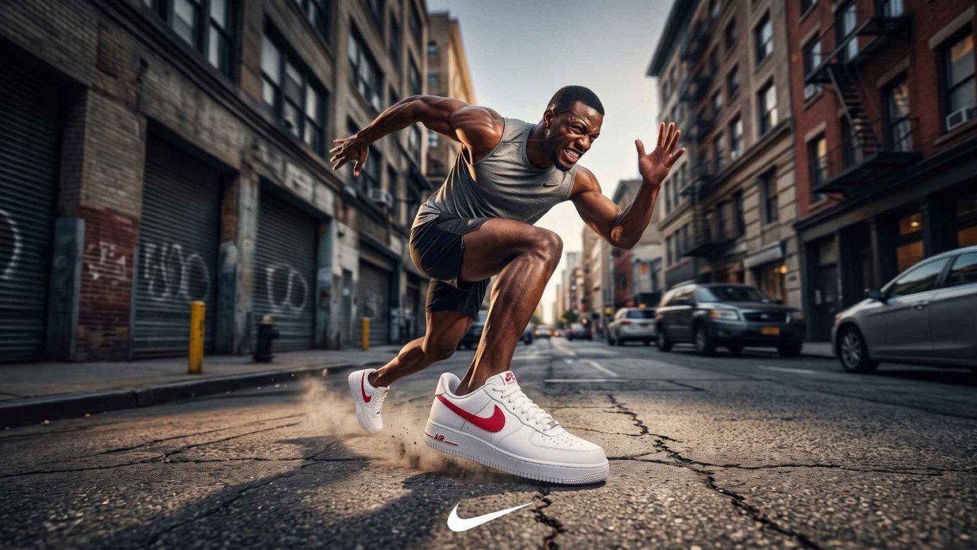 Kévin Vigreux, visuel de campagne Nike Air Force 1, sprint urbain dynamique : un visuel qui vend le produit