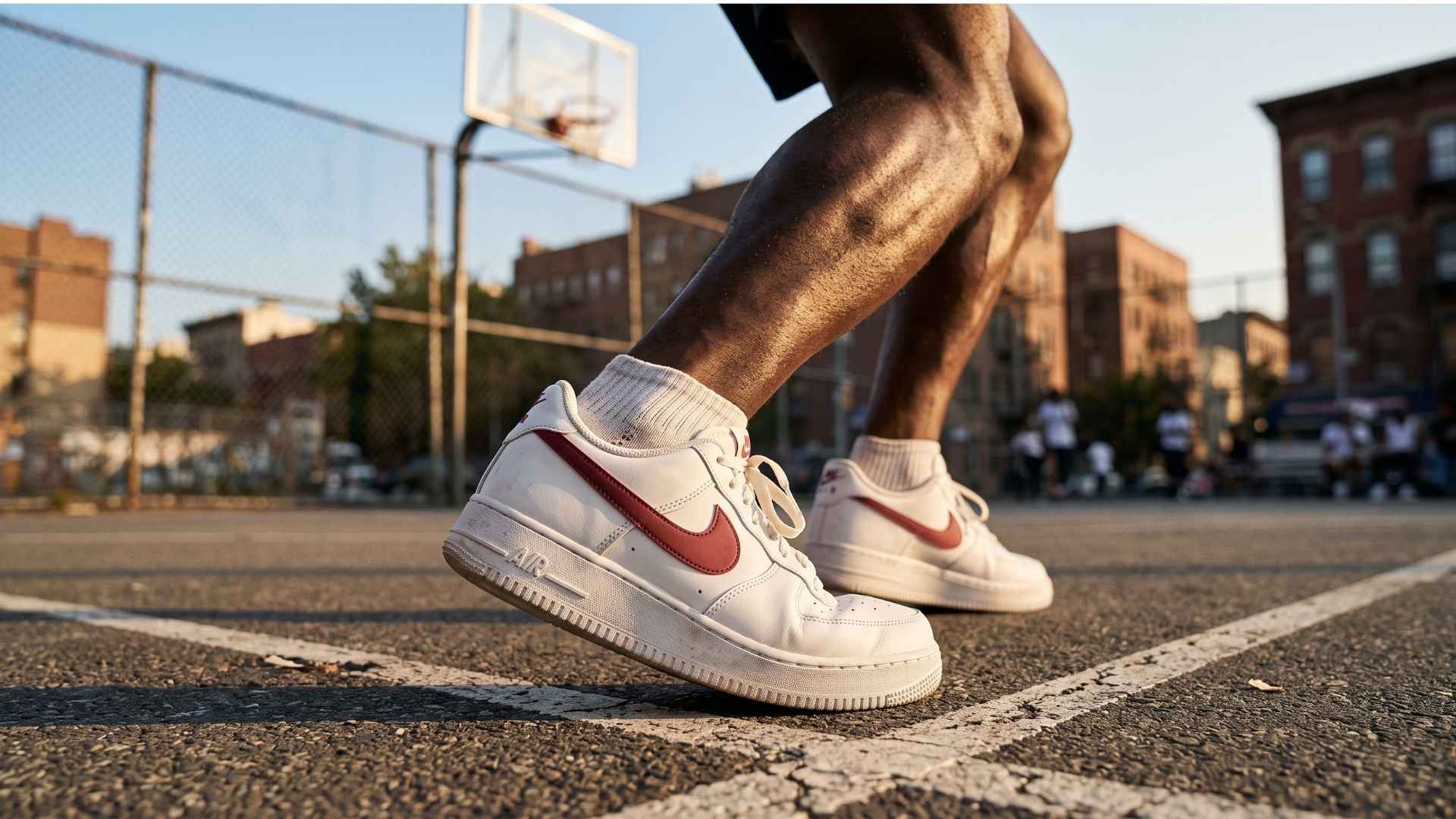Kévin Vigreux, communication digitale en Bretagne, visuel publicitaire de campagne Nike Air Force 1, sneakers en action sur un terrain de streetball urbain au coucher du soleil : un visuel qui vend le produit