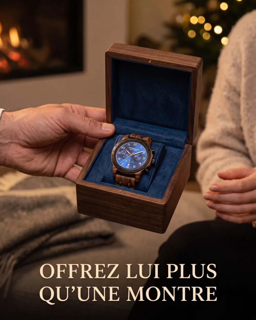 Montre en bois WoodWatch, campagne créée par Kévin Vigreux — offerte en écrin, moment de Noël partagé