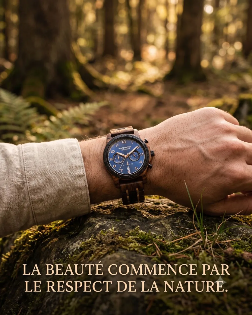 Montre en bois WoodWatch, campagne créée par Kévin Vigreux — portée au poignet, main posée en forêt