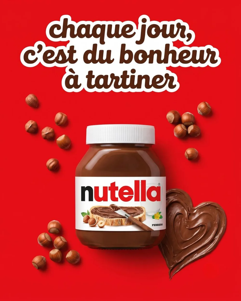 Pâte à tartiner Nutella, campagne créée par Kévin Vigreux — packshot sur rouge, cœur gourmand et noisettes