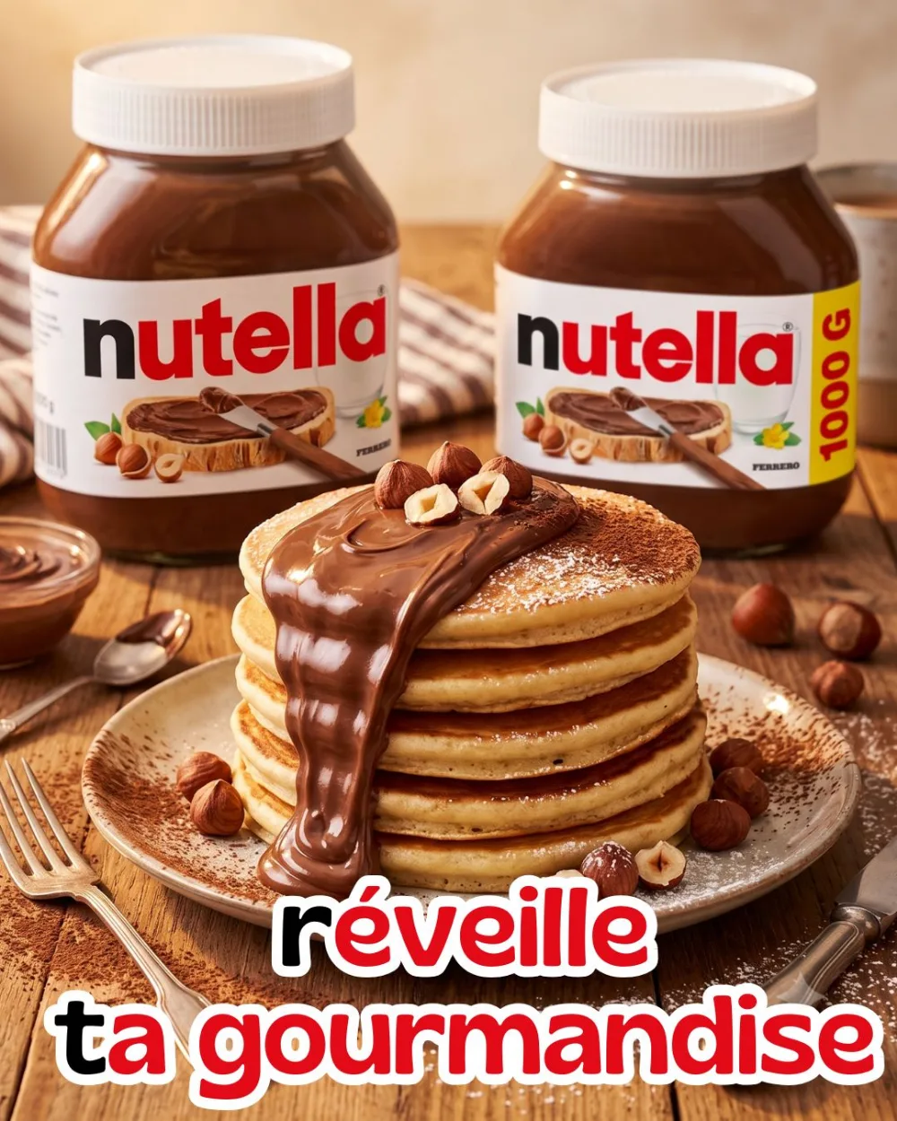 Pâte à tartiner Nutella, campagne créée par Kévin Vigreux — pile de pancakes nappée, noisettes et gourmandise