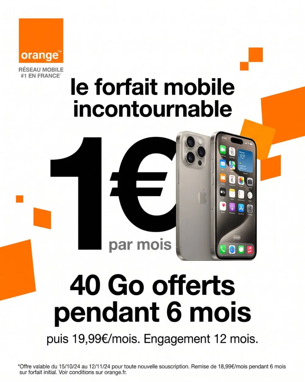 Forfait mobile Orange, campagne créée par Kévin Vigreux — affiche épurée blanche, forfait mobile à 1€