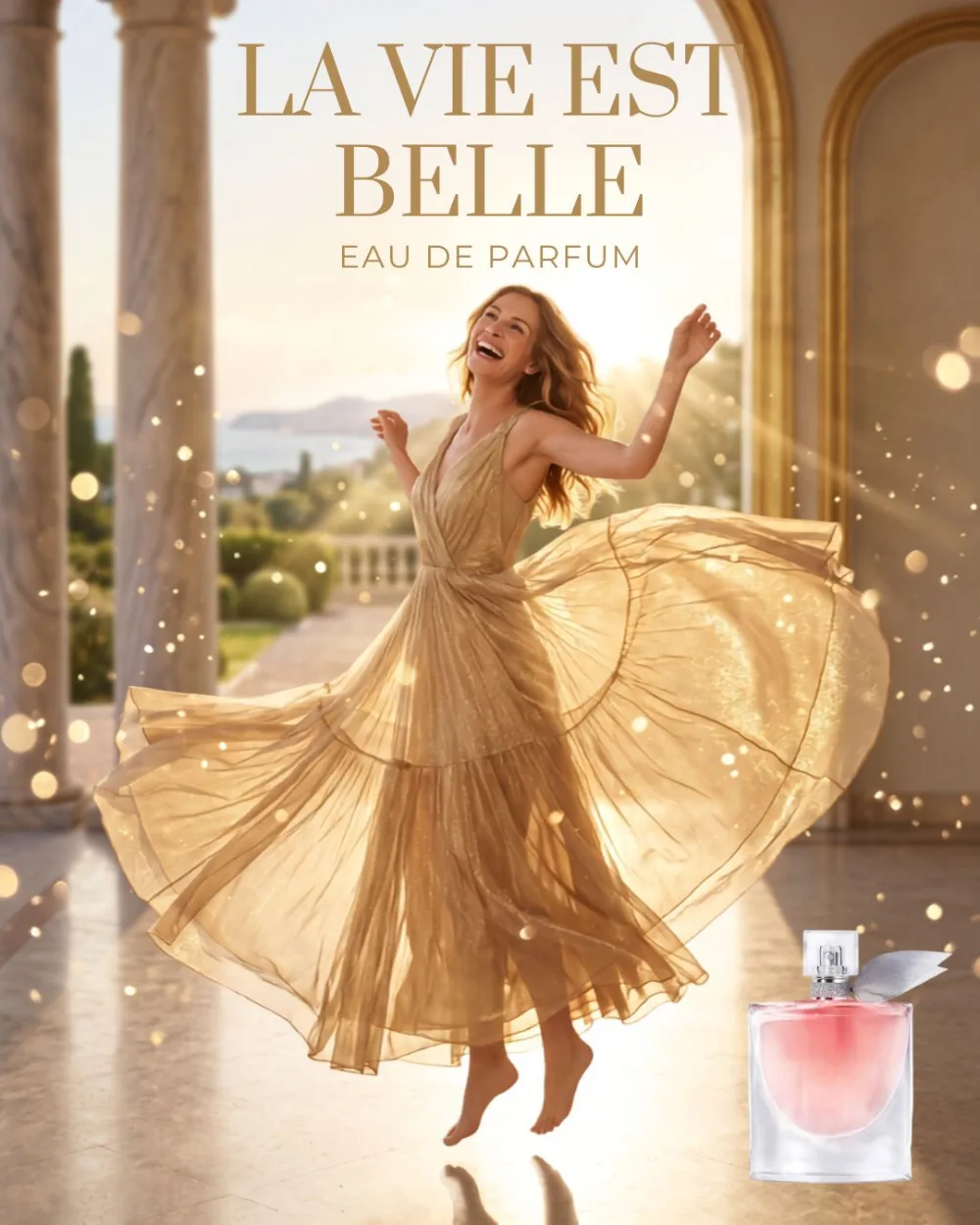 Parfum Lancôme La Vie Est Belle, campagne créée par Kévin Vigreux — danse joyeuse en robe dorée, villa méditerranéenne