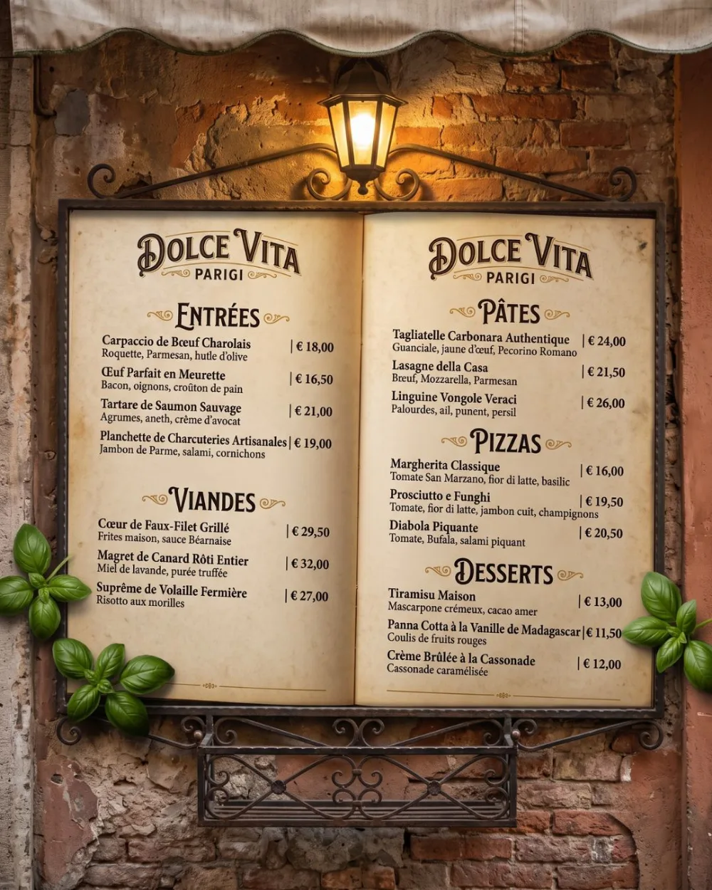 Pizzeria Dolce Vita Parigi, campagne créée par Kévin Vigreux — la carte affichée en devanture, façade éclairée