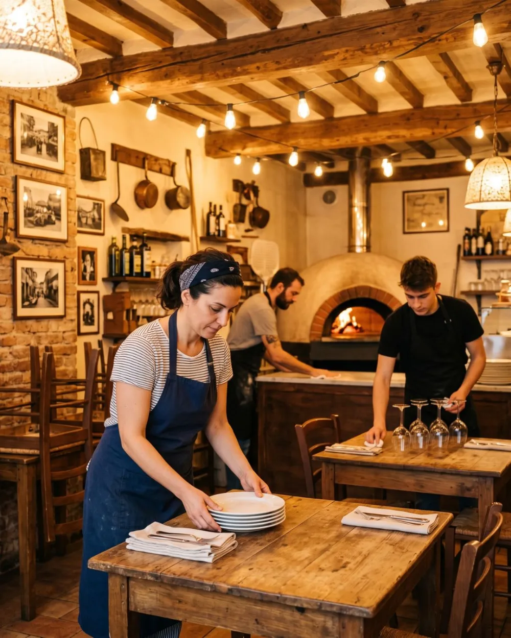 Pizzeria Dolce Vita Parigi, campagne créée par Kévin Vigreux — l'équipe dresse les tables avant le service