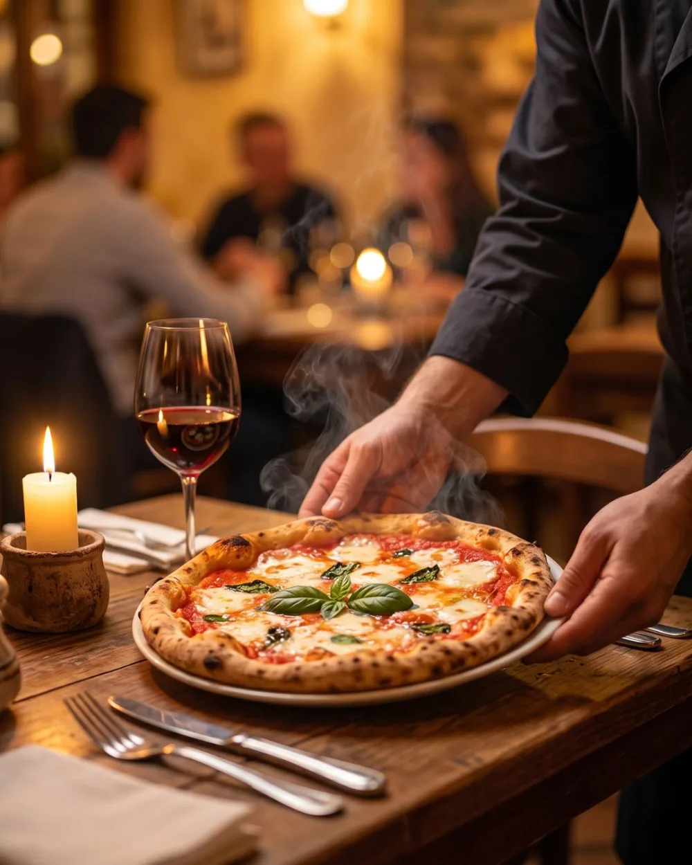 Pizzeria Dolce Vita Parigi, campagne créée par Kévin Vigreux — pizza margherita fumante, service à la table