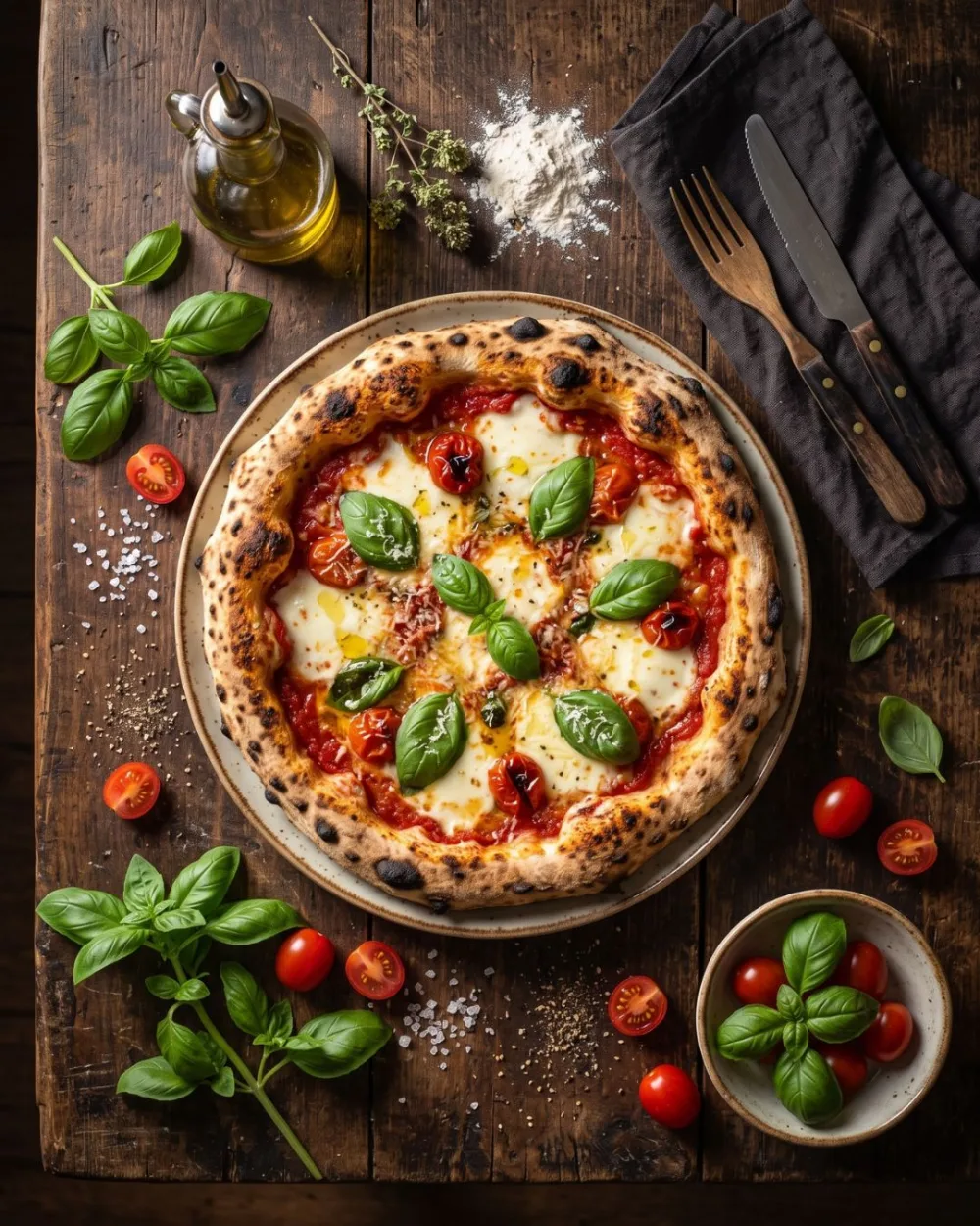 Pizzeria Dolce Vita Parigi, campagne créée par Kévin Vigreux — vue de dessus, pizza basilic, table rustique