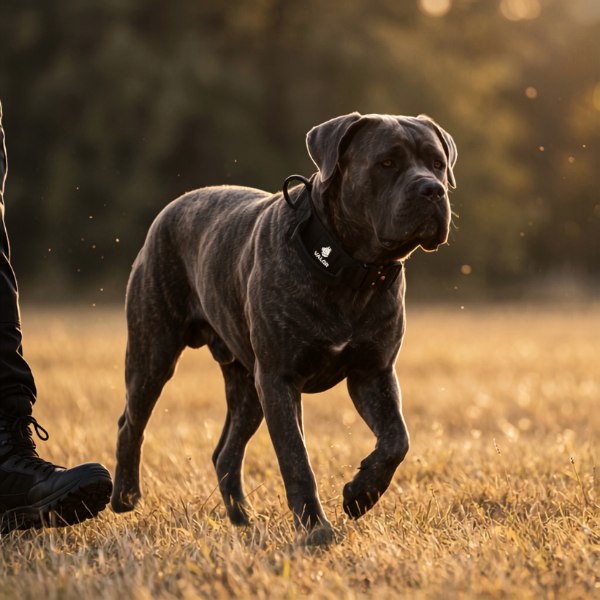 Équipement pour chiens VALOR, campagne créée par Kévin Vigreux — Cane Corso portant le collier tactique, lumière dorée